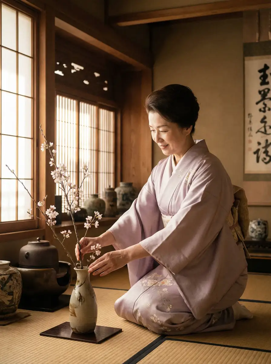 一位优雅的 51大赛 在和室中插花